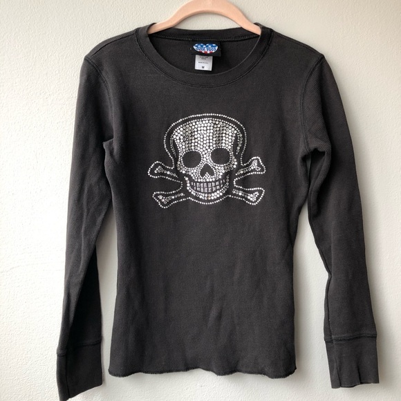 Junk Food Clothing Tops - Junk Food Long Sleeve Thermal Tee Rhinestone Skull
